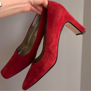 Red Suede Square Toe Pumps
